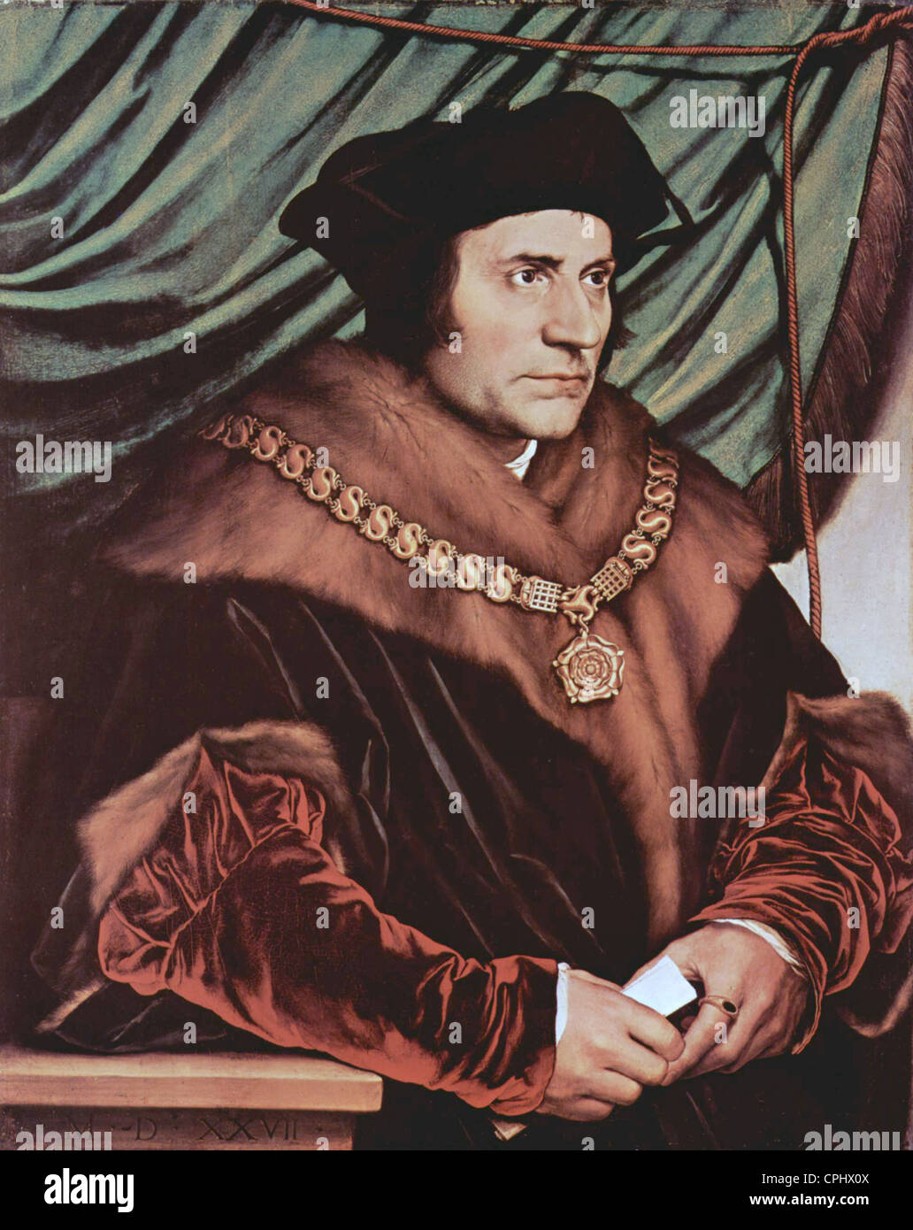 THOMAS MORE (1478-1535) englischer Jurist und Humanist der Renaissance als Lordkanzler von Hans Holbein der jüngere im Jahre 1527 Stockfoto