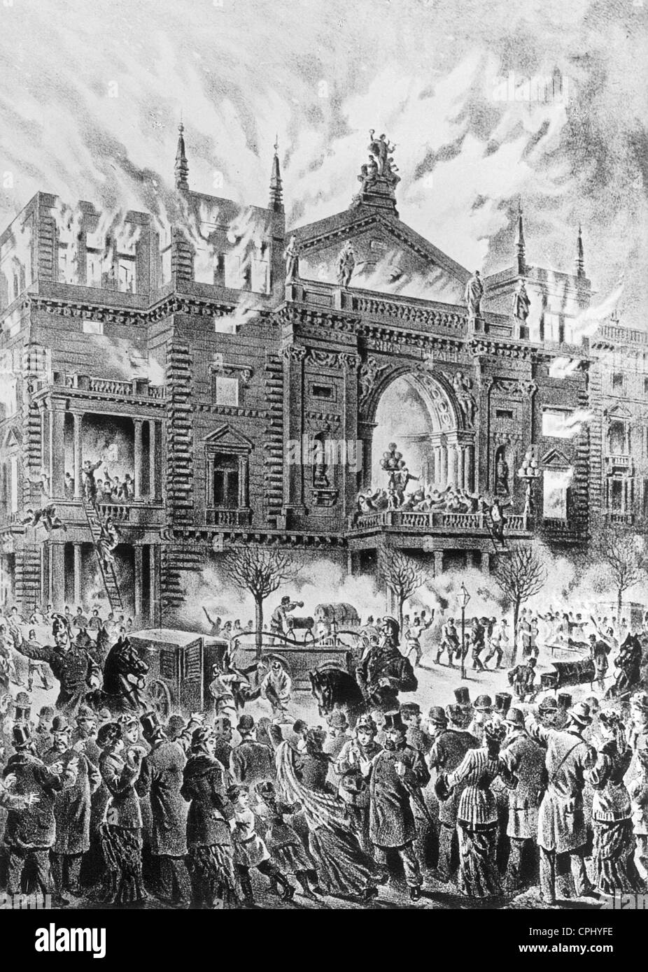 Die Ringstraße in Wien, Brandkatastrophe im Dezember 1881 Stockfoto