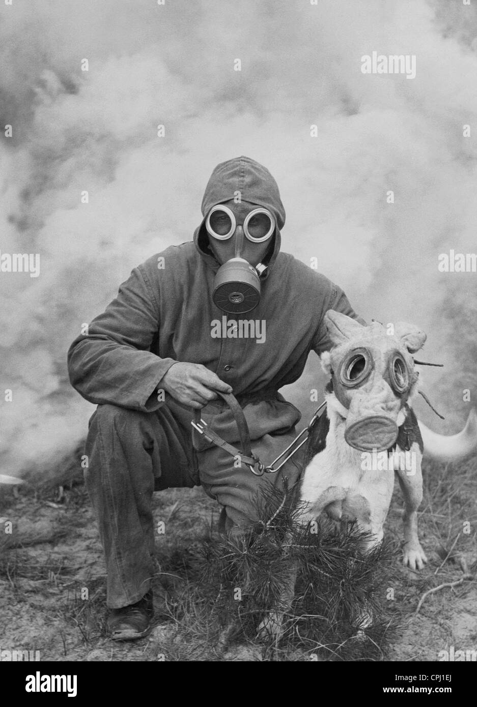 Hund und Besitzer mit einer Gasmaske bei einem Luftangriff-Schutz  auszuüben, 1932 Stockfotografie - Alamy