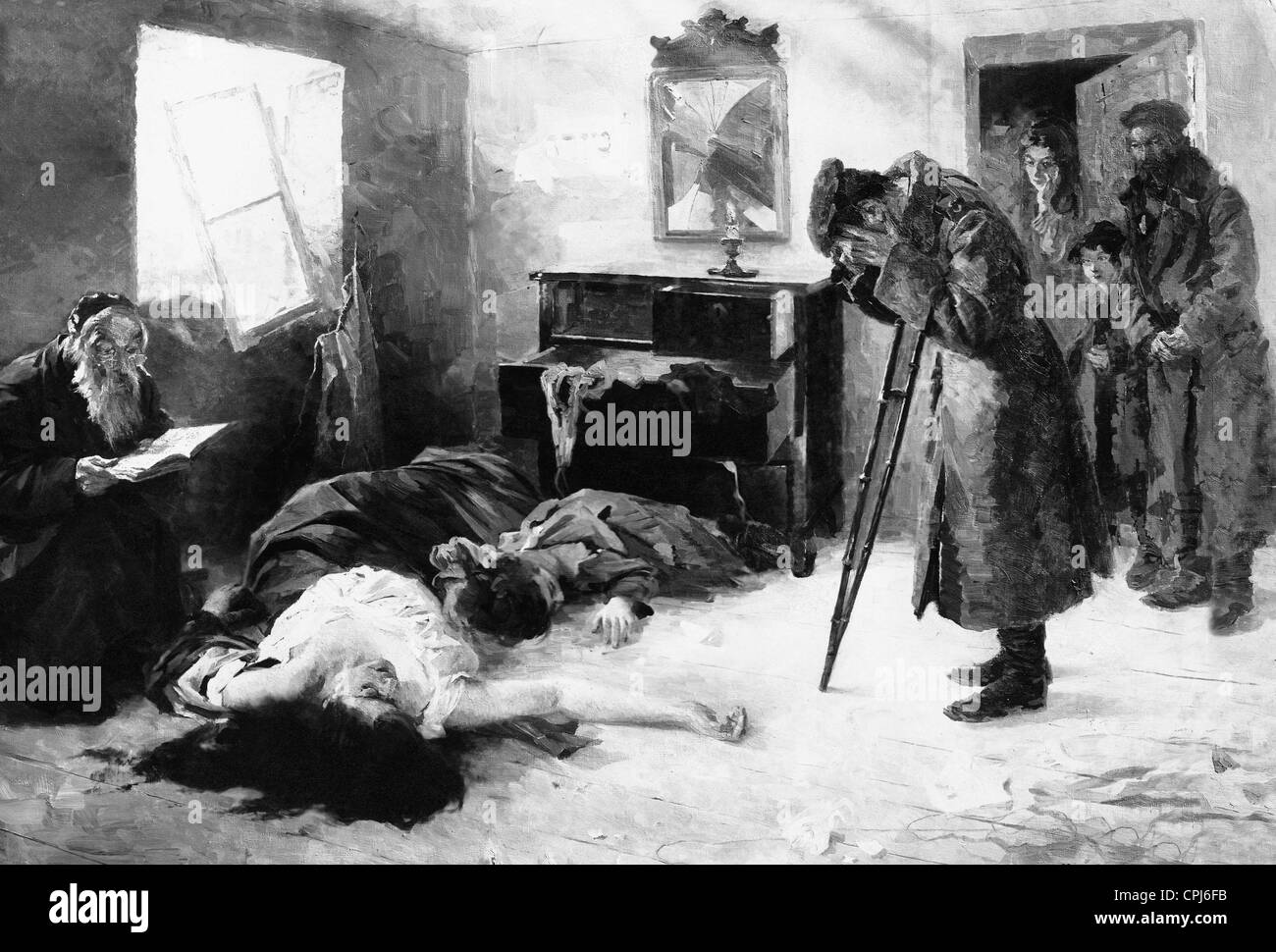 Szene in einem jüdischen Haushalt nach dem Pogrom, ein russisch-jüdische Soldaten nach Hause zurückkehrt, um die Leichen von seinem ermordeten finden Stockfoto