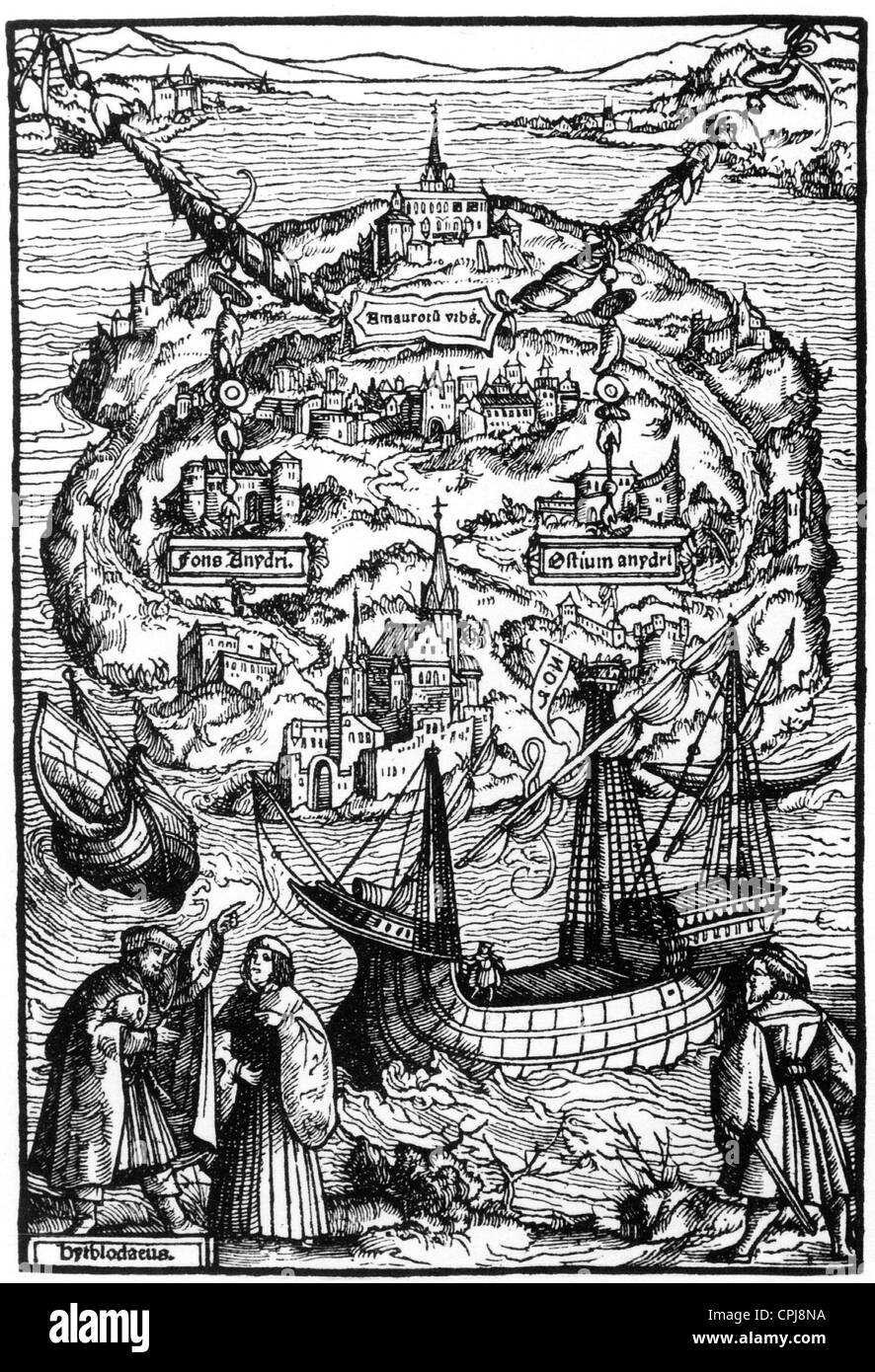 Titelholzschnitt Zu Dem Buch "Utopie", 1516 Stockfoto