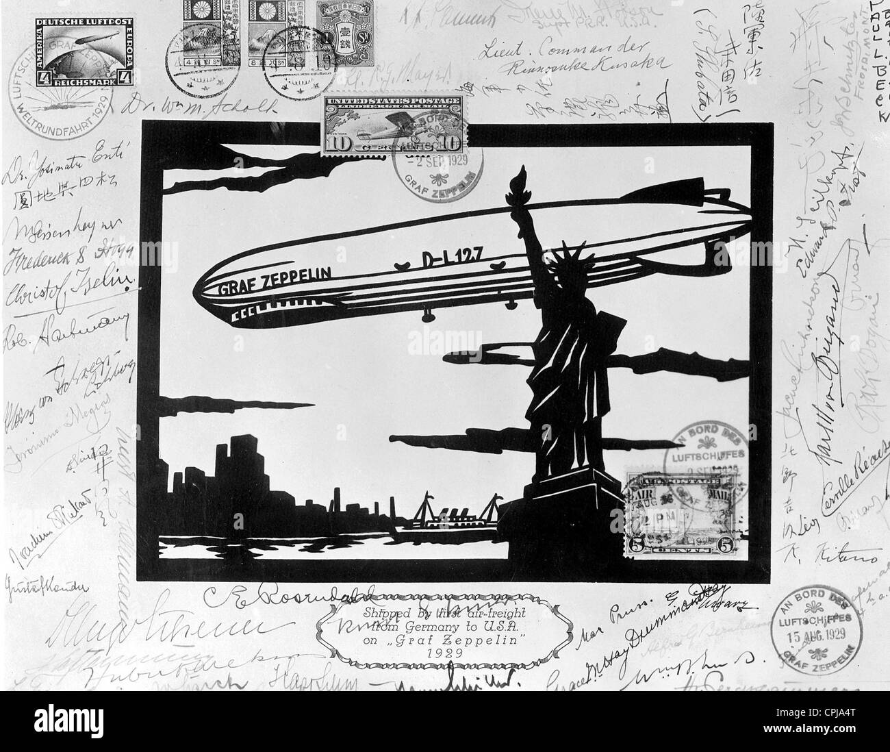 Festschrift Blatt der Runde die Weltumrundung des "Graf Zeppelin" Stockfoto