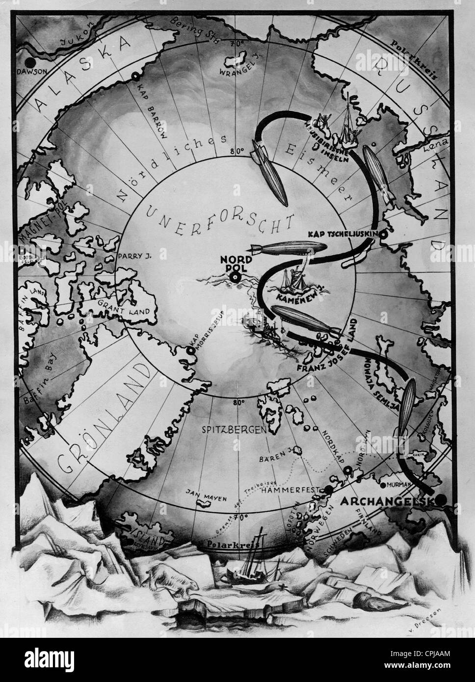 Karte der arktischen Reise des Luftschiffs LZ 127 "Graf Zeppelin", 1931 Stockfoto