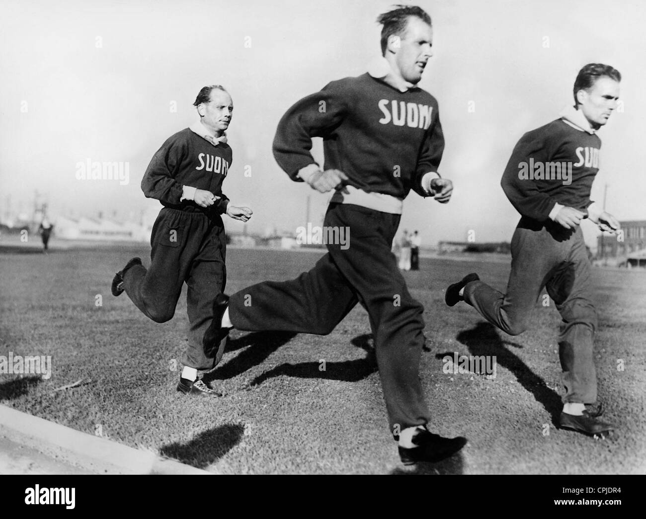 Nurmi, Luomanen und Lehtinen bei den Olympischen Spielen in Los Angeles 1932 Stockfoto