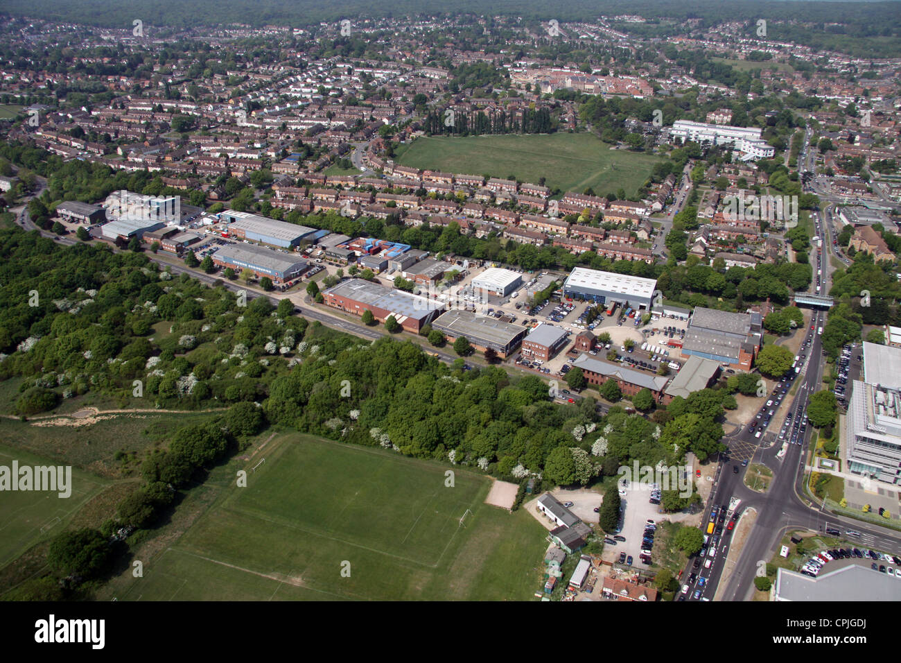 Luftaufnahme von Oakwood Hill Industrial Estate, Loughton, Essex Stockfoto