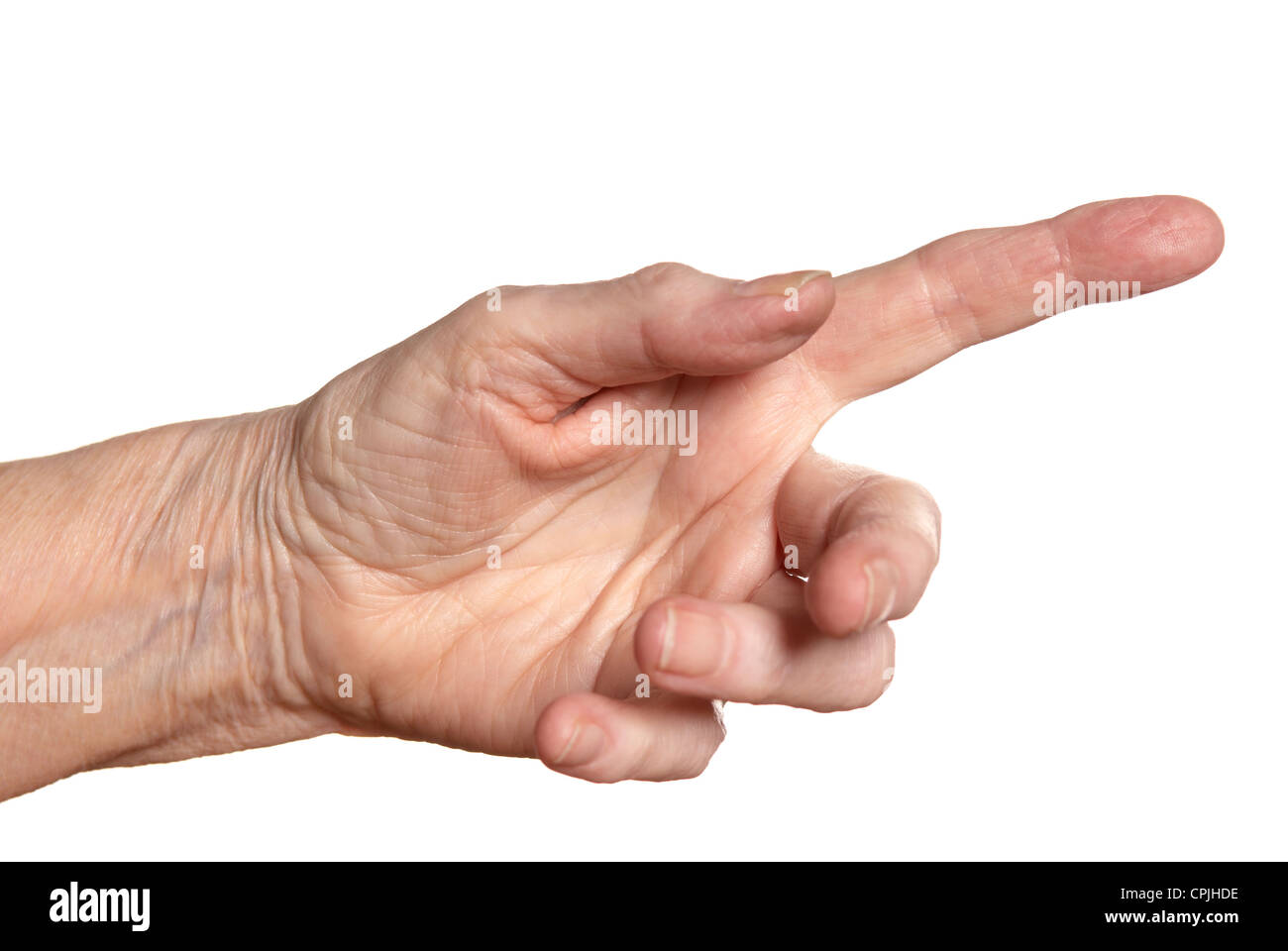 Studioaufnahme von weiblicher Hand. Isoliert auf weißem Hintergrund. Stockfoto