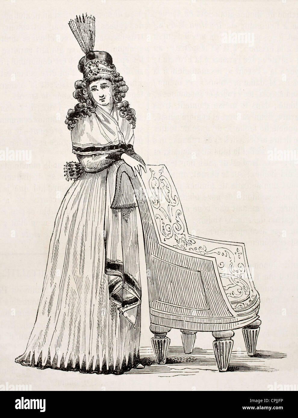 Frau neben einem Stuhl alt gravierte Porträt (Ende des 18. Jahrhunderts Mode) Stockfoto