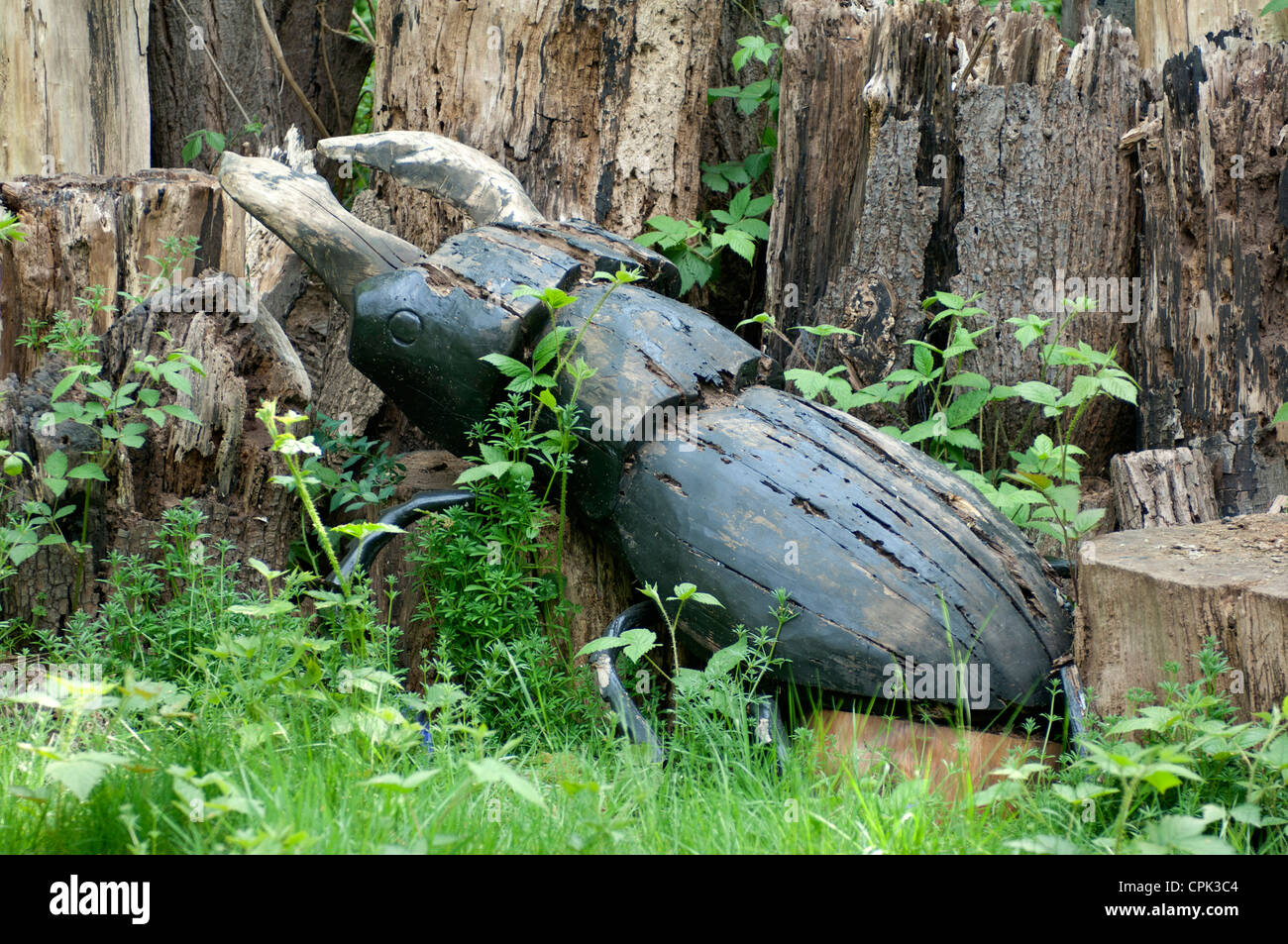 Holzskulptur von einem riesigen Hirschkäfer in das Waldgebiet von Kew Gardens, Surrey Stockfoto