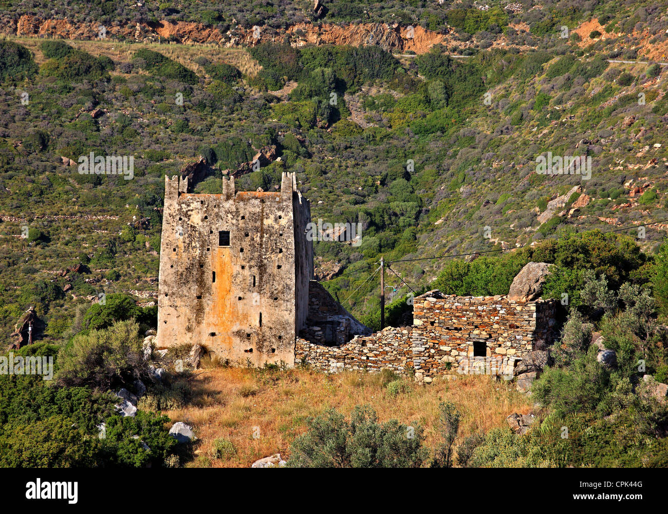 Die verlassenen Turm Agia, im Nordwesten der Insel Naxos, Kykladen, Griechenland Stockfoto