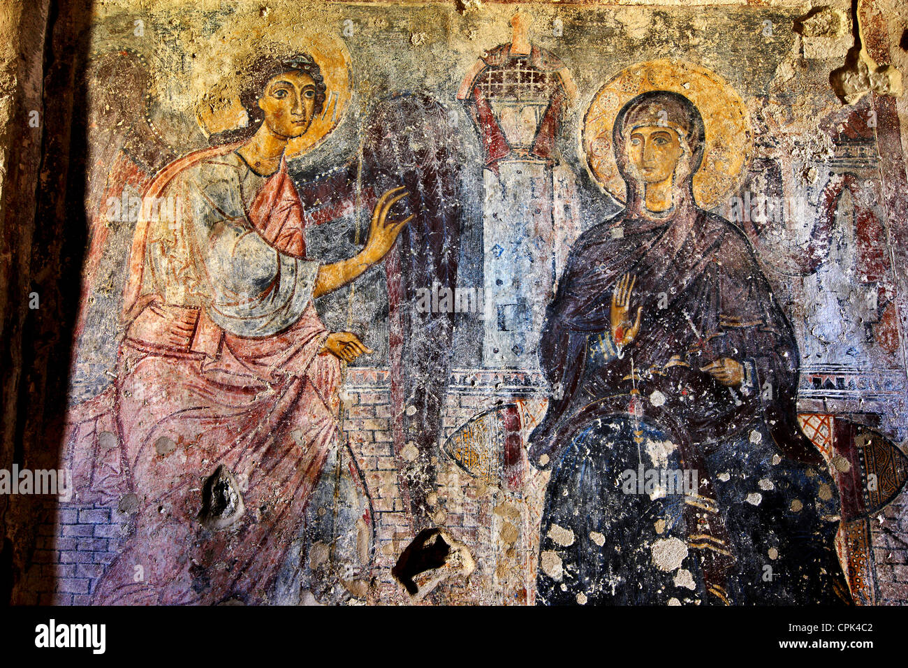 Schöne Fresken aus der byzantinischen Kirche der Panagia Protothroni, Chalki Dorf, Insel Naxos, Kykladen, Griechenland Stockfoto