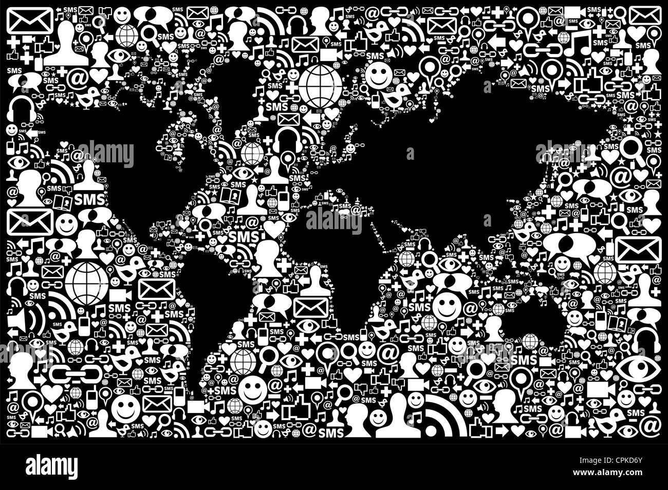 Social Media-Symbole inmitten einer Welt Karte Form. Vektor-Datei geschichtet für einfache Handhabung und individuelle Farbgebung. Stockfoto