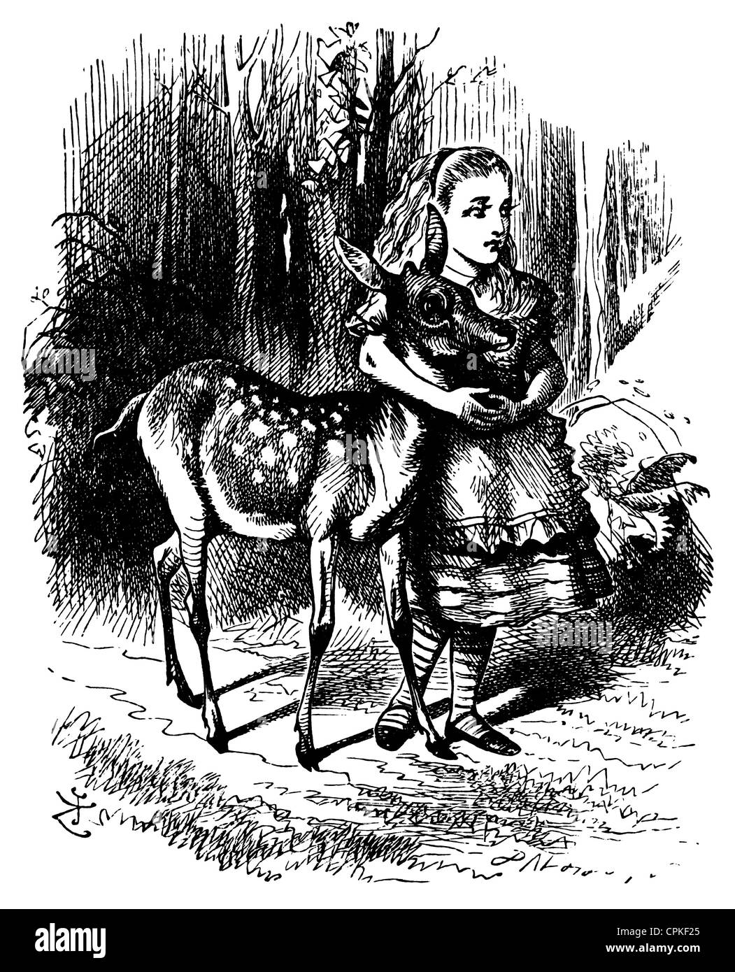 Alice und das Rehkitz aus "Durch den Spiegel und was Alice dort fand" von Lewis Caroll (1878) Stockfoto