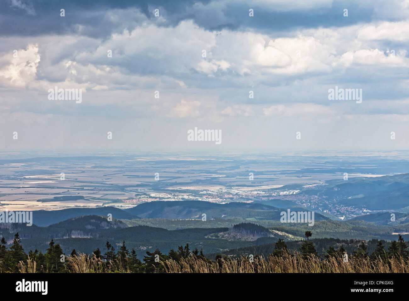 Panorama-Landschaft im Harz, Deutschland. Wernigerode im Hintergrund Stockfoto