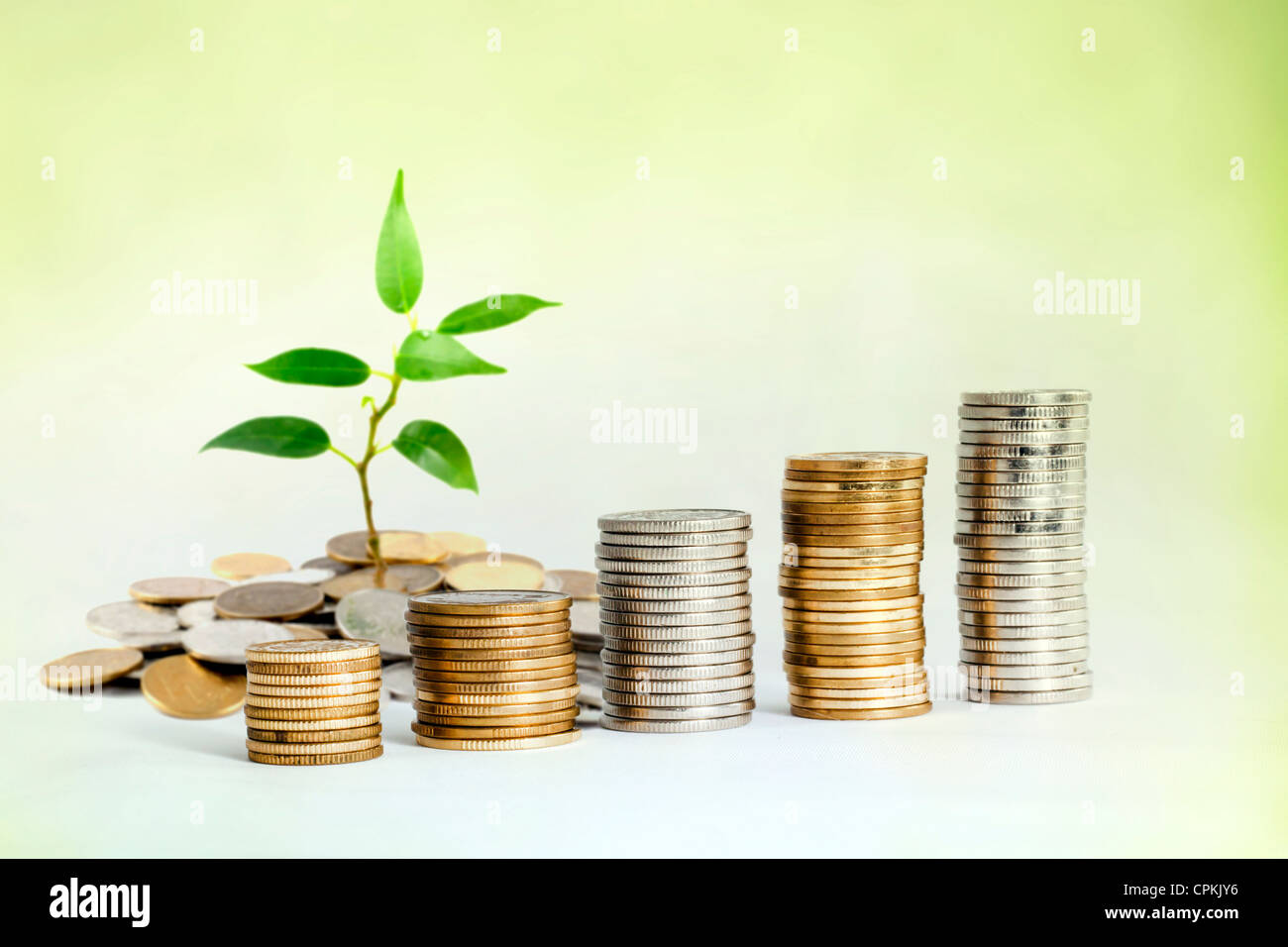 Steigerung der Investitionen sparen Geld-Konzept mit Pflanzen- und Münzen Stockfoto