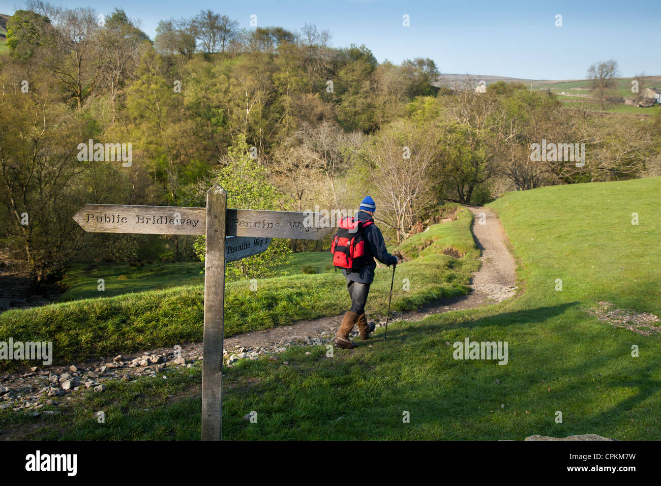 Von Küste zu Küste Walker in Stiefeln, Mann in den North Yorkshire National Park Reisen, Pennine Way Track, in der Nähe von Keld, Swaledale, Richmondshire, Großbritannien Stockfoto