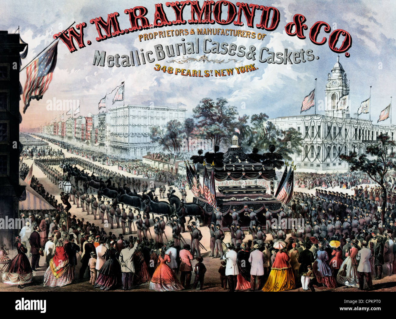W.m. Raymond & Co. Inhaber & Hersteller von metallischen Bestattung Fällen & Schatullen. 348 Pearl St., New York 1866 Werbung Stockfoto
