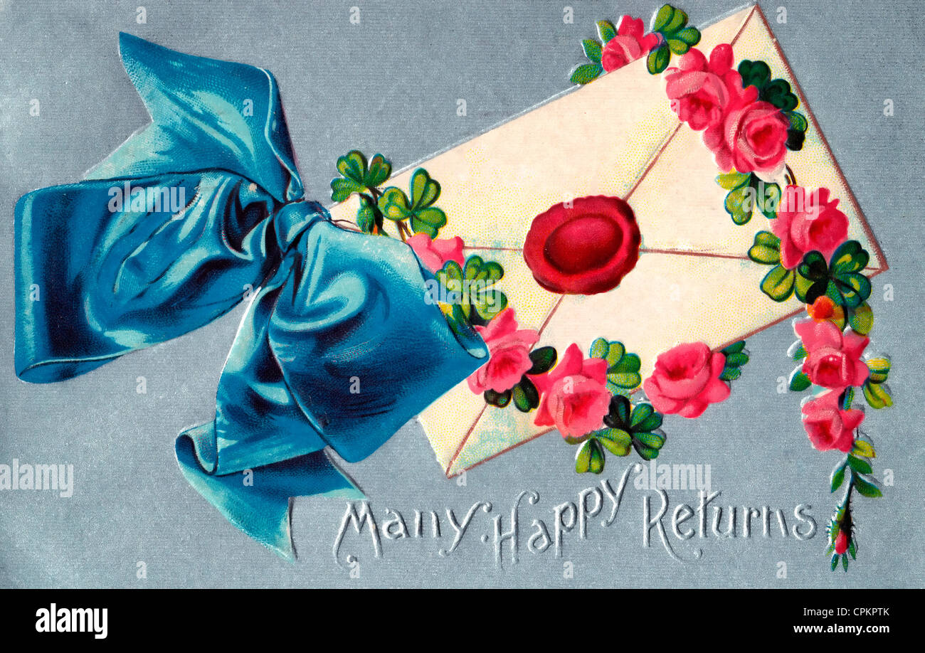 Viele glückliche Rückkehr - Vintage Geburtstagskarte mit Karte, Blumen und Bogen Stockfoto