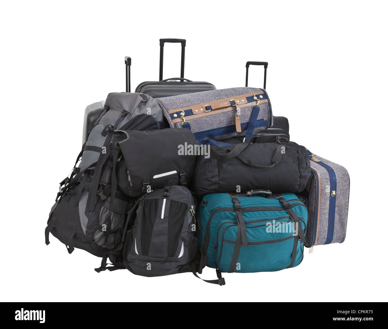 Große Haufen von Koffer, Gepäck, Taschen und Rucksäcke isoliert. Stockfoto
