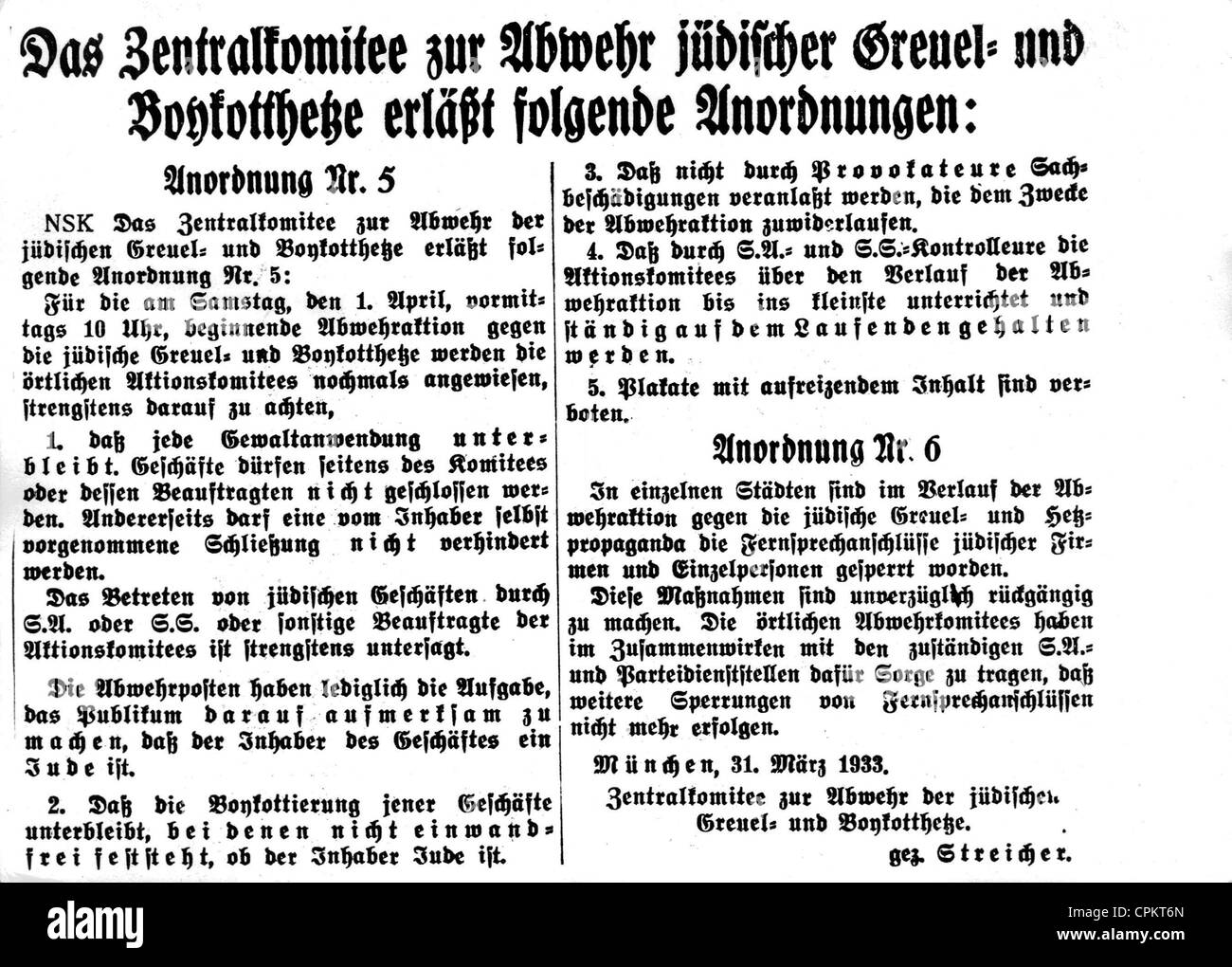 Boykott jüdischer Geschäfte: Bestellungen von Julius Streicher, veröffentlicht im Voelkischen Beobachter, München, 1. April 1933 Stockfoto