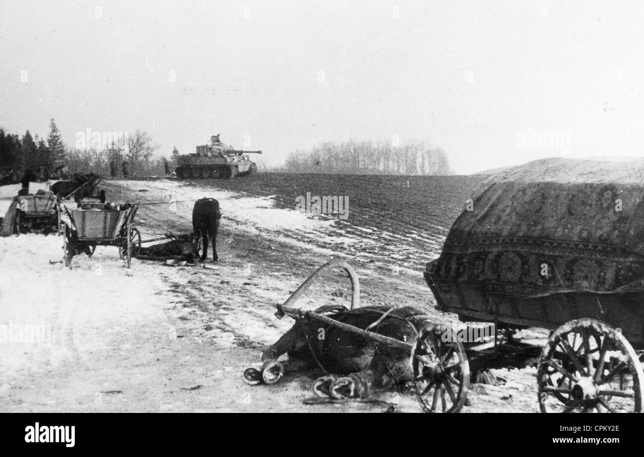 Zerbrochene Flüchtlinge trek in Ostpreußen, 1945 Stockfoto