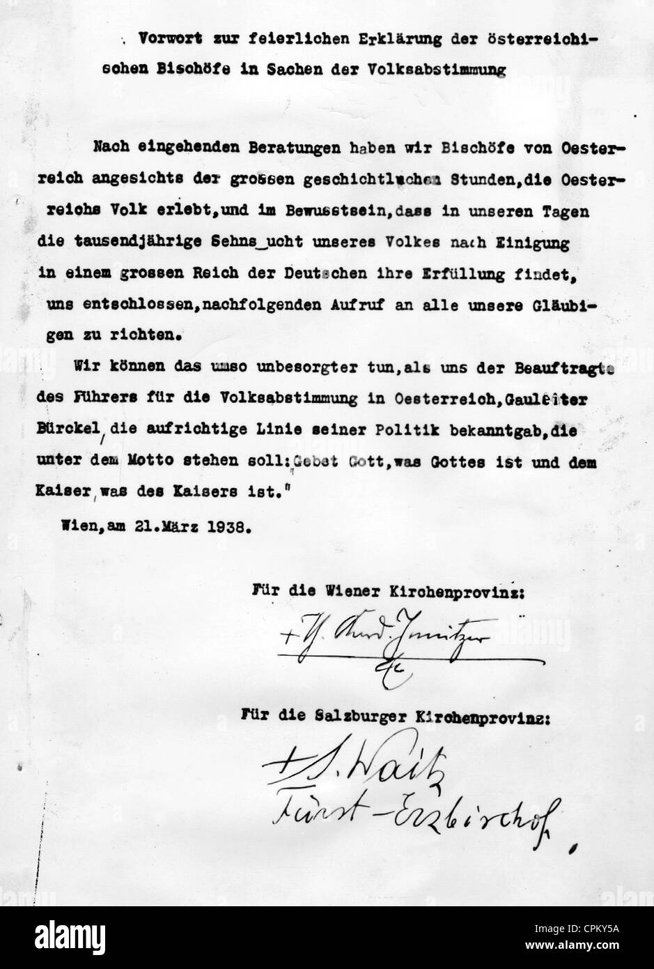 Adresse der Loyalität der österreichischen Bischöfe für die Annexion von Österreich 1938 Stockfoto