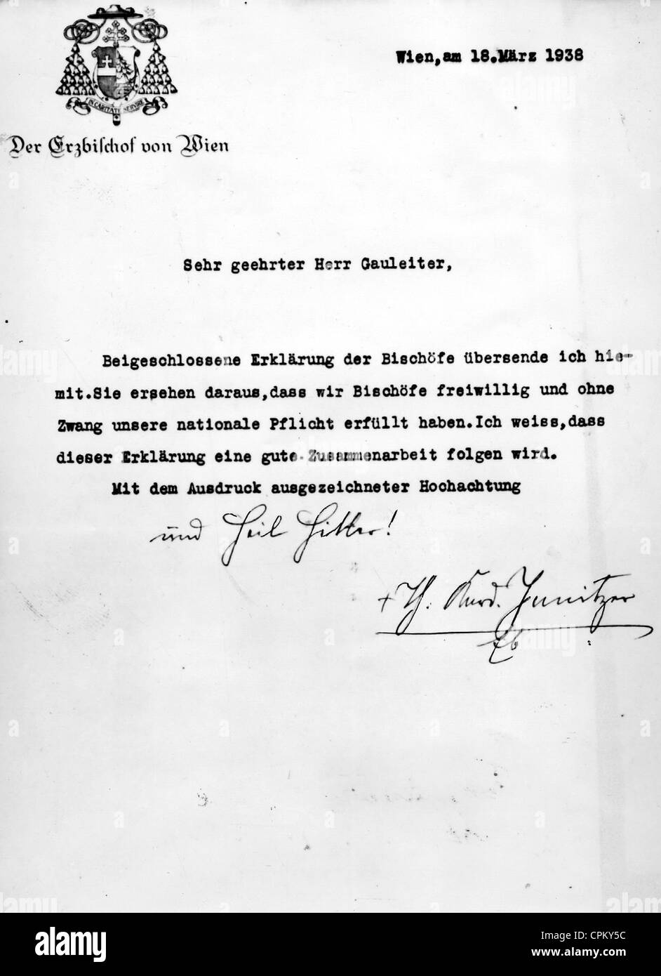 Adresse der Loyalität der österreichischen Bischöfe für die Annexion von Österreich 1938 Stockfoto