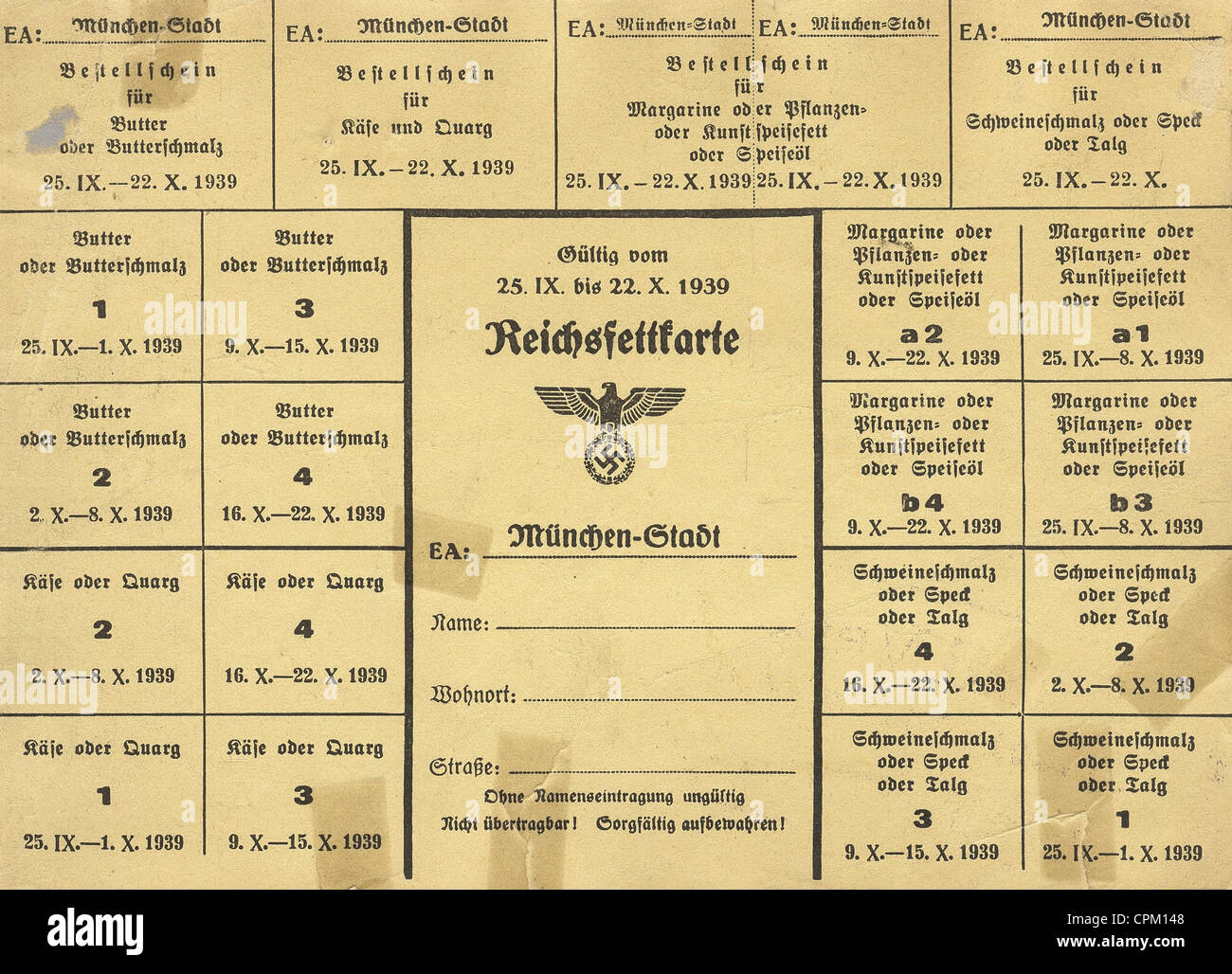 Reichsfettkarte (Reich Rationierungskarte), 1939 Stockfoto