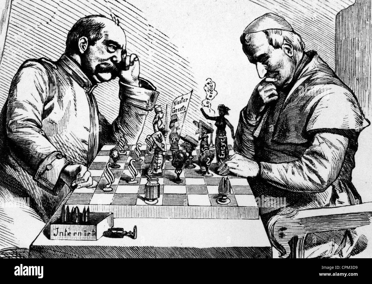 Karikatur: Otto von Bismarck und Papst Pius IX spielt Schach Stockfoto