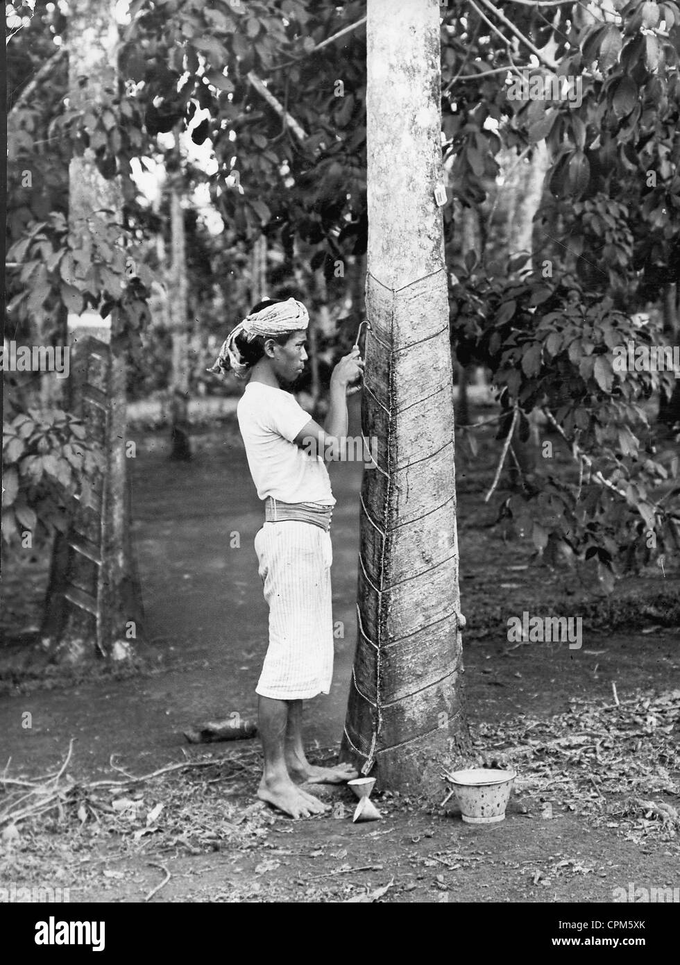 Sammeln von Kautschuk in Malaya, 1928 Stockfoto