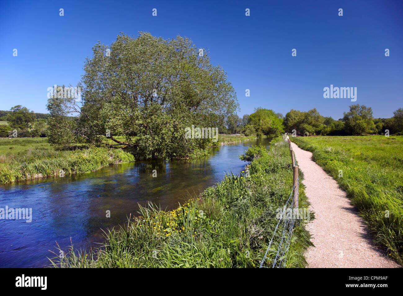 Fluss Itchen und Itchen Weg öffentlichen Fußweg auf Reichskolonialamtes, Hampshire, England. Stockfoto