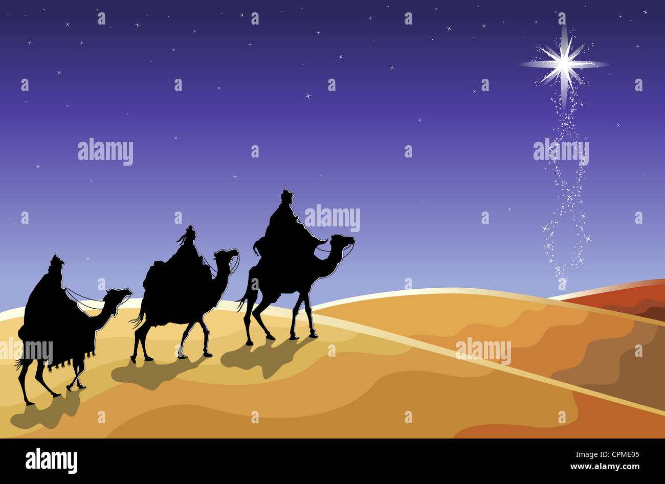 Religiöse Weihnachtskarte mit der Heiligen drei Könige, die nach der aufgehende Stern. Stockfoto