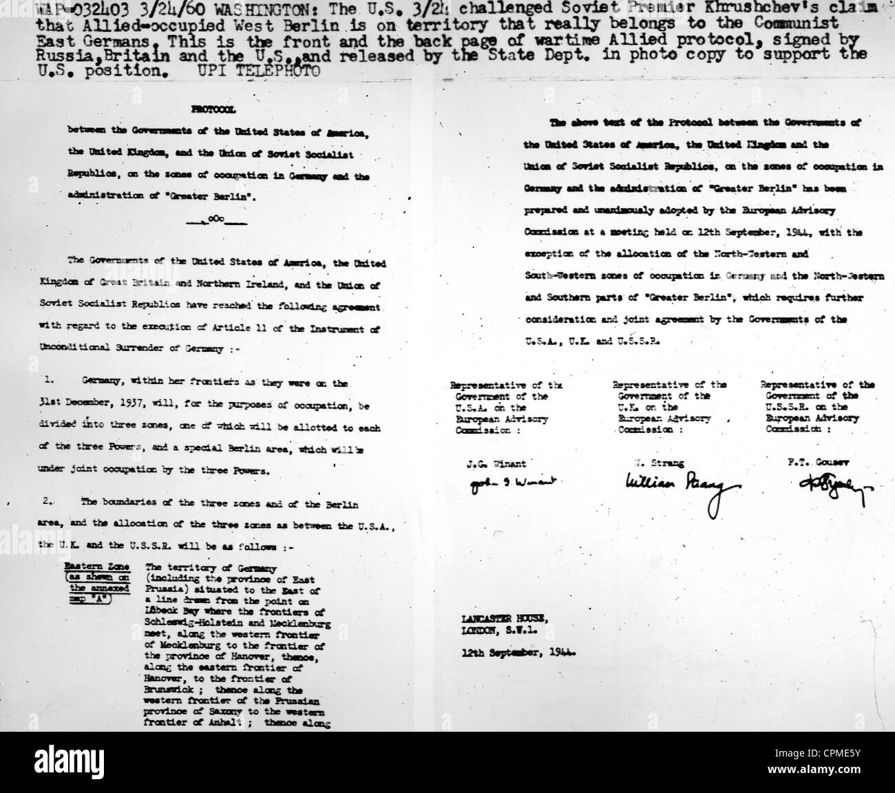 Das Abkommen der Alliierten in Deutschland nach dem Krieg 1944 teilen Stockfoto