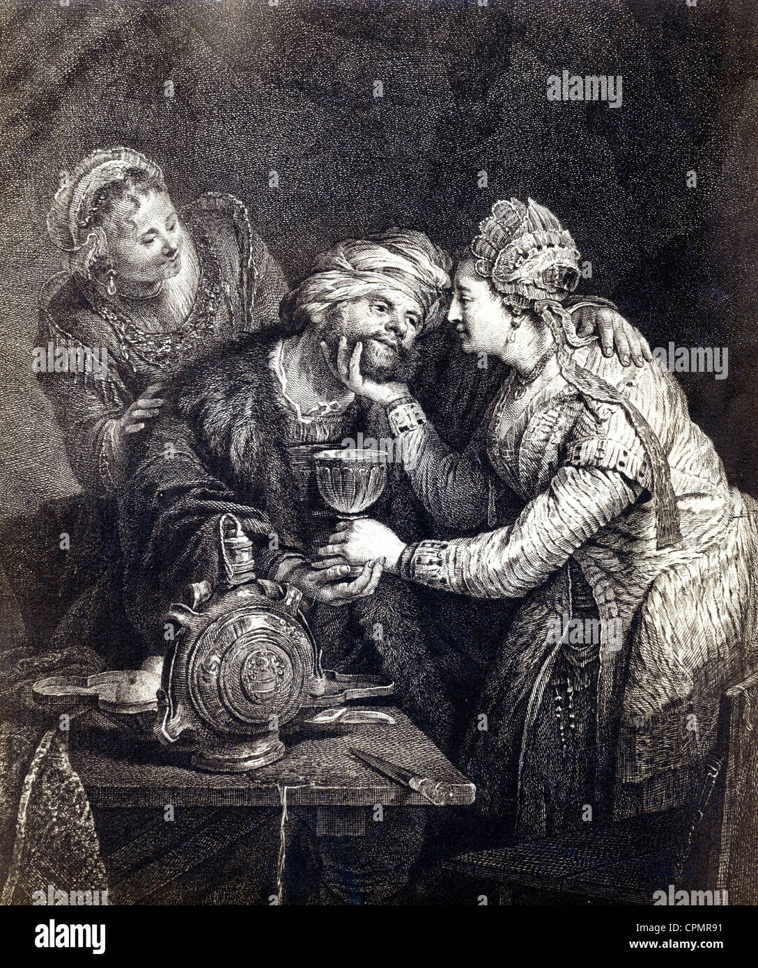 "Lot und seine Töchter", Radierung von g.f. Schmidt, nach einem Gemälde von Rembrandt Stockfoto