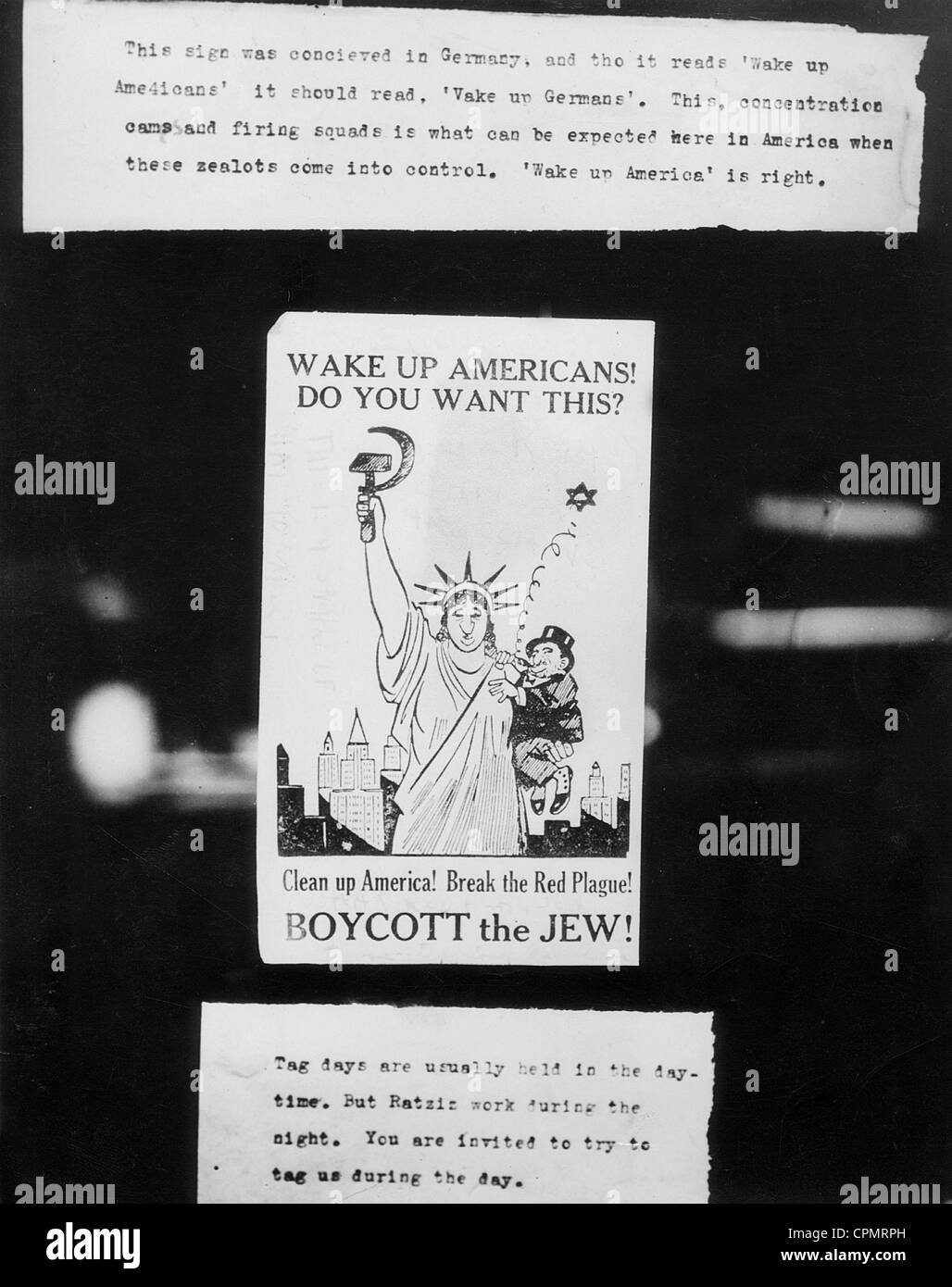 Anti-Semitic und Anti-kommunistischen Plakat von antisemitischen Amerikaner am Fenster eines jüdischen Geschäfts in San Francisco platziert, Stockfoto