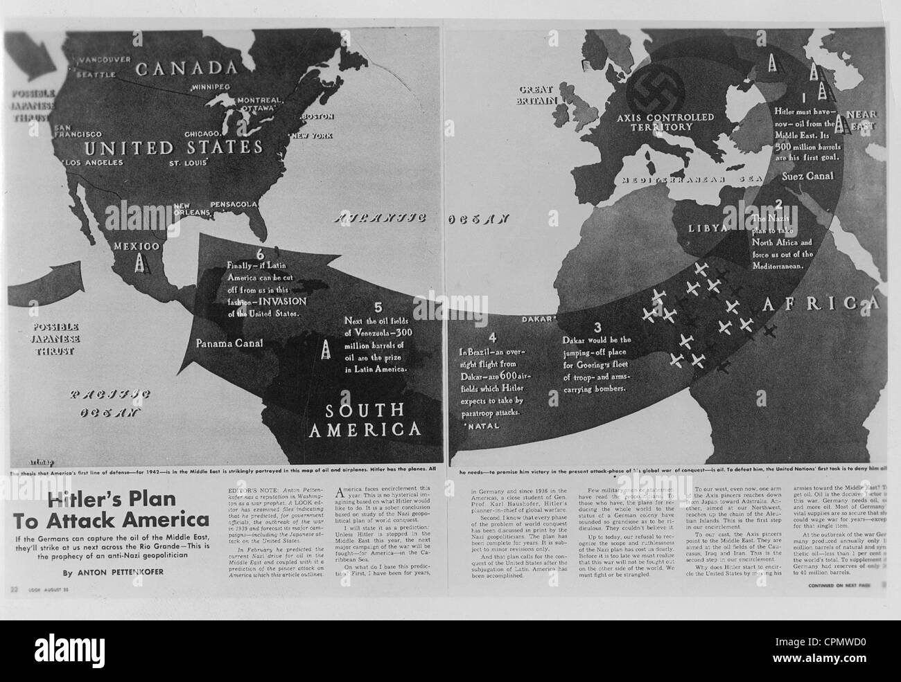Darstellung von Hitlers Plan des Angriffs auf die USA in der amerikanischen Zeitschrift "Look", 1942 Stockfoto