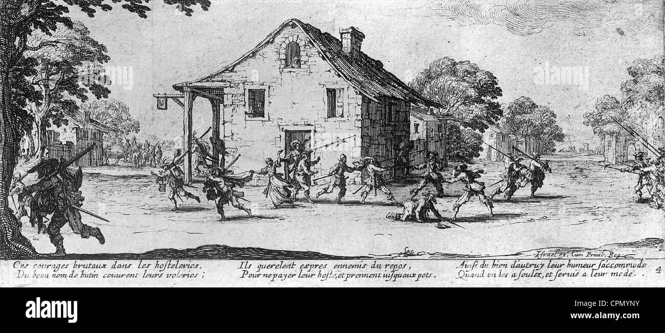 Soldaten plündern ein Dorf während des Dreißigjährigen Krieges Stockfoto