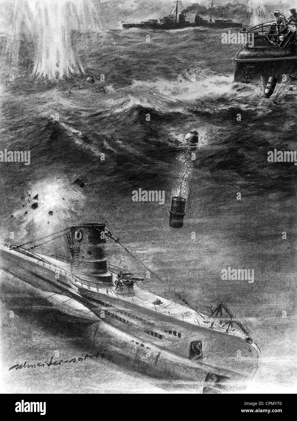 Darstellung von einer Wasser-Bombe-Verfolgung während des zweiten Weltkrieges Stockfoto