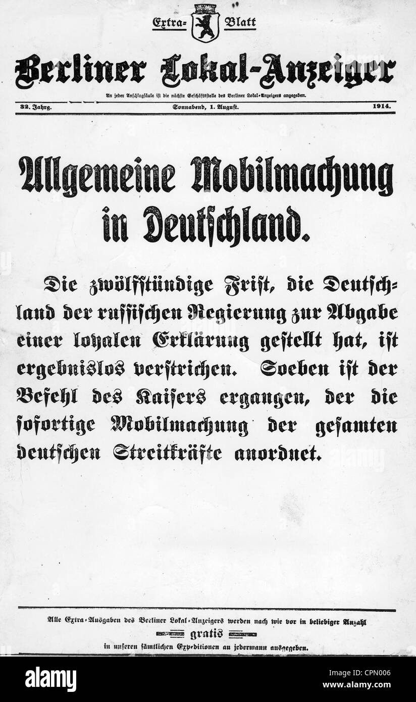 Spezielles Journal für die Bekanntgabe der Mobilmachung 1914 Stockfoto