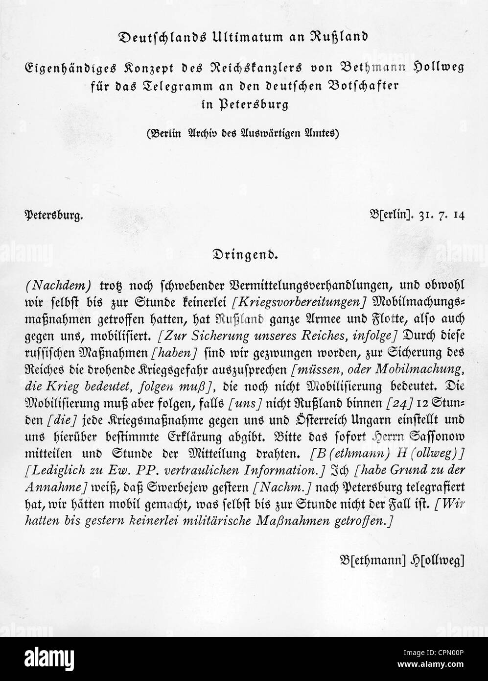 Text des deutschen Ultimatums an Russland, 1914 Stockfoto