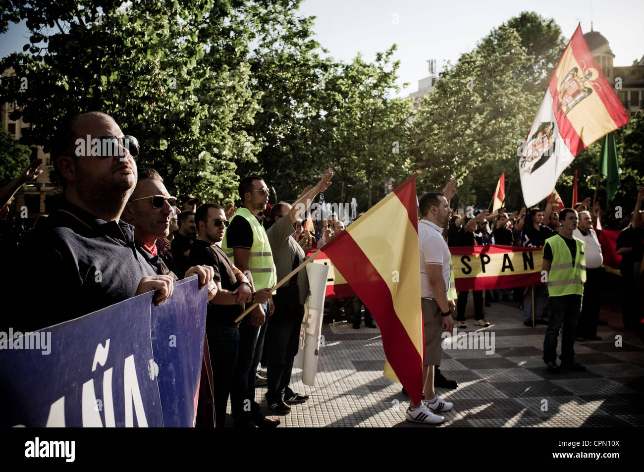 Extremen Rechten Demonstration in Madrid, Spanien, organisiert von La Falange, el Nudo Patriota Español, el Movimiento Catolico Español, Stockfoto