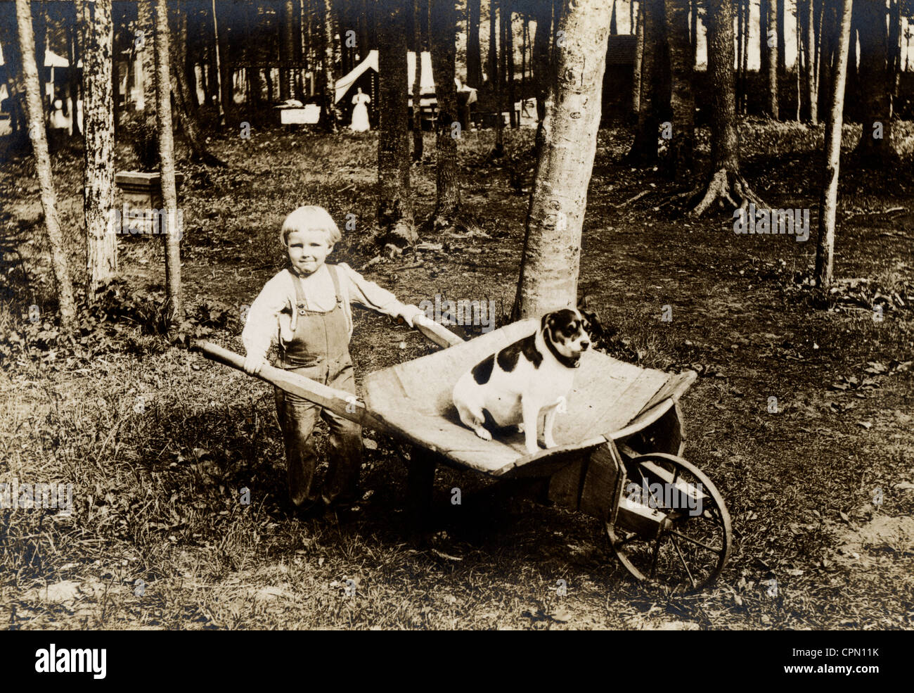 Kleiner Junge Wheeling Fett Beagle in Schubkarre Stockfoto