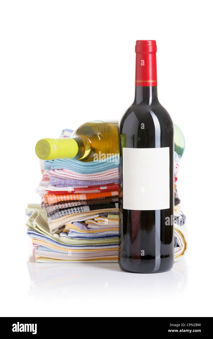 Flasche des roten und weißen Wein Küchentücher Stockfoto