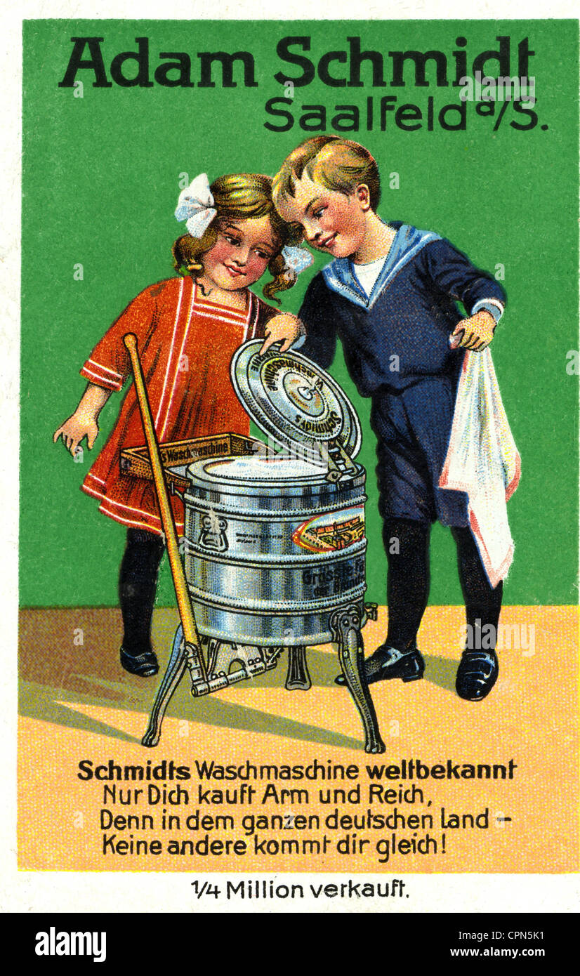 Werbung, Haushalt, Waschmaschine, Junge und Mädchen blicken in Staunen über die Adam Schmidt Company, Saalfeld, Deutschland, um 1913, Zusatz-Rechteklärung-nicht vorhanden Stockfoto