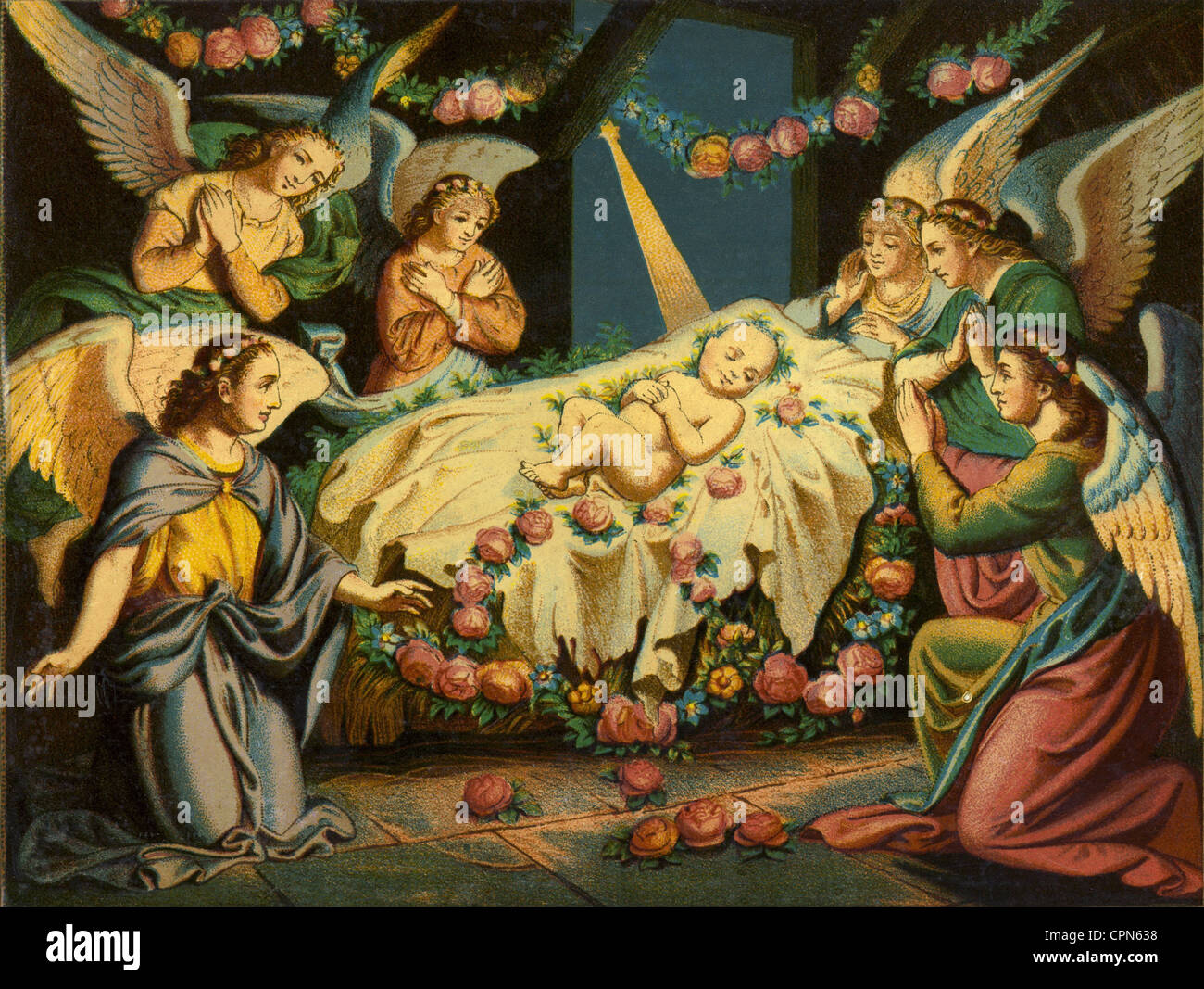 Weihnachten, das Jesuskind in der Krippe, Lithographie, Verlag Ed. Gust