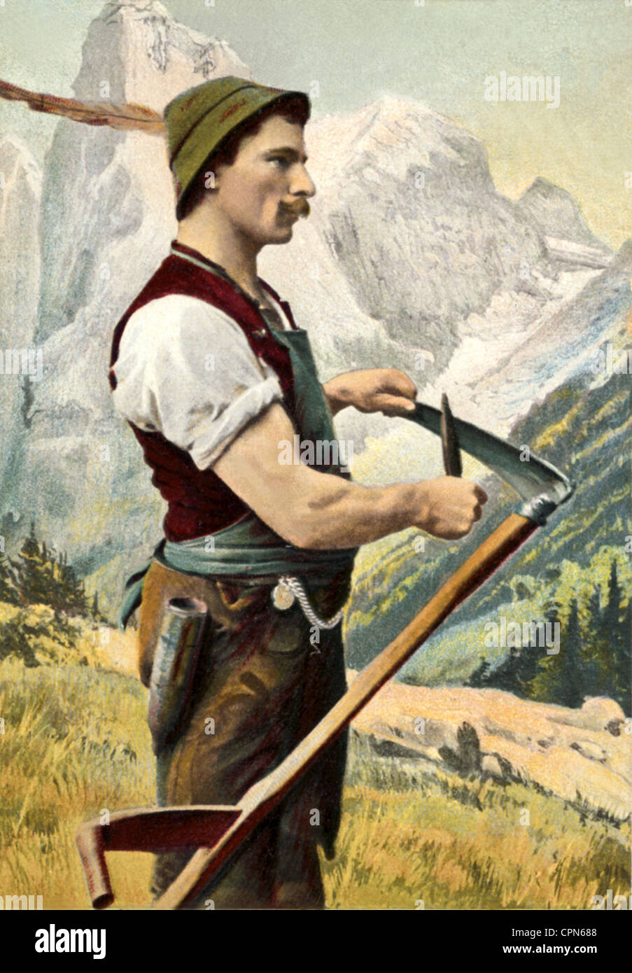 Menschen, Männer, Bergbauer, Landwirt schärfen Sense, Deutschland, 1905, Zusatz-Rechte-Clearences-nicht vorhanden Stockfoto
