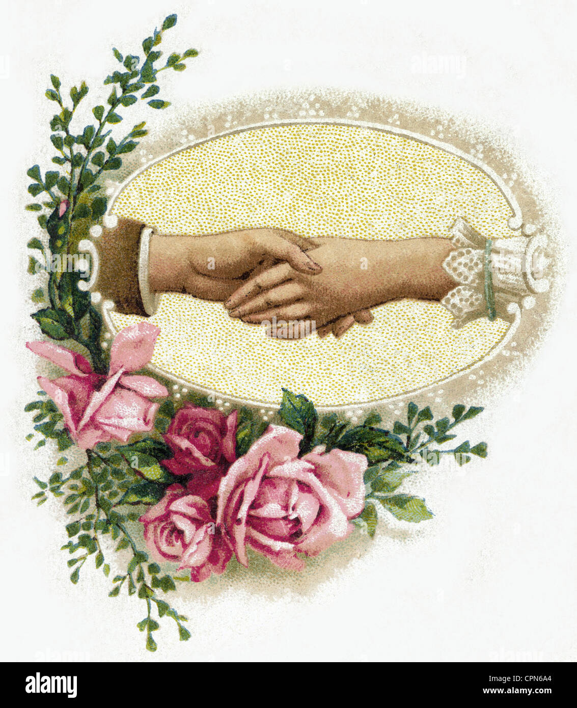 Symbole, Heirat, Heirat, Händeschütteln von Mann und Frau, Lithographie, Deutschland, 1909, Zusatz-Rechte-Clearences-nicht vorhanden Stockfoto