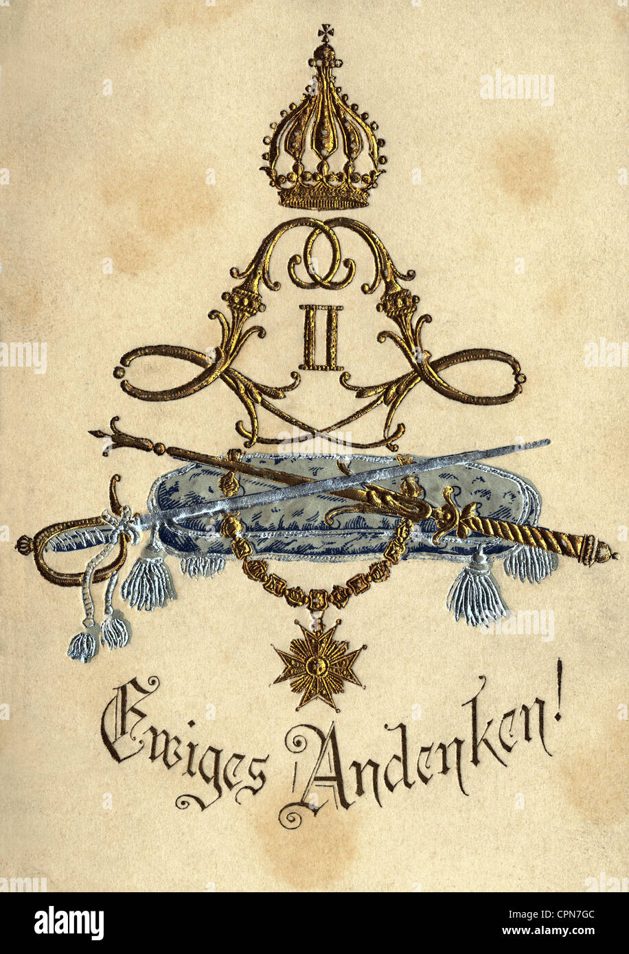 Ludwig II., 25.8.1845 - 13.6.1886, König von Bayern, sein Monogramm "Ewige Andenken!", Postkarte, Deutschland, ca. 1900, Stockfoto