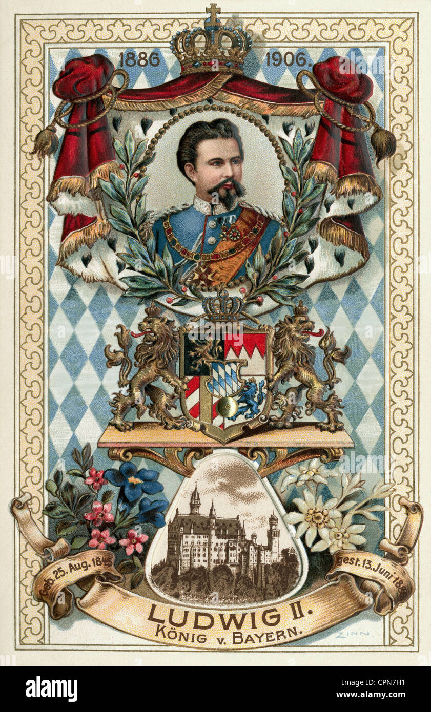 Ludwig II., 25.8.1845 - 13.6.1886, König von Bayern 10.3.1864 - 13.6.1886, Porträt, Postkarte bis zum 20. Todestag von König Ludwig II., Bayern, Deutschland, 1906, Stockfoto