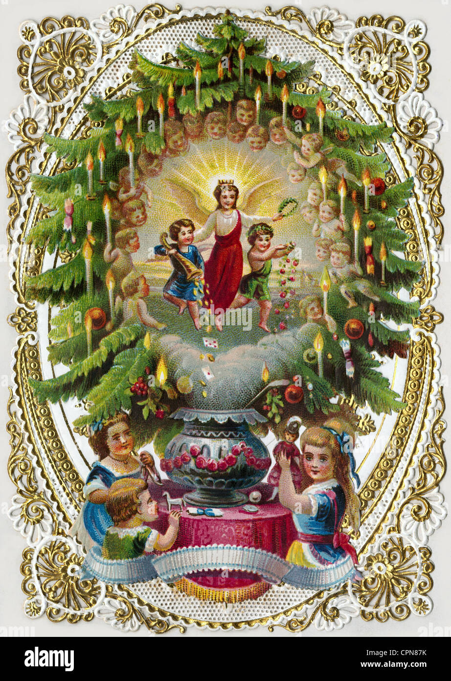 Weihnachten, Weihnachtsbaum, der kleine Jesus, Schrottbild, Lithographie, Deutschland, 1879, Zusatzrechte-Clearences-not available Stockfoto
