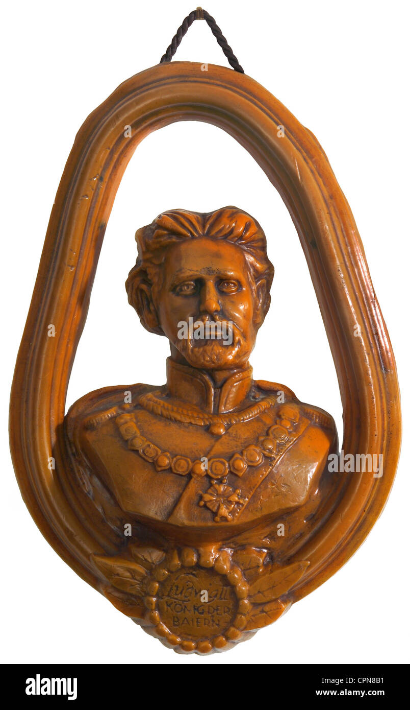 Louis II., von 22-3, Bayerischer König, Porträt, Wachsbüste, Wandschmuck, Bayern, Deutschland, 70er Jahre, Stockfoto